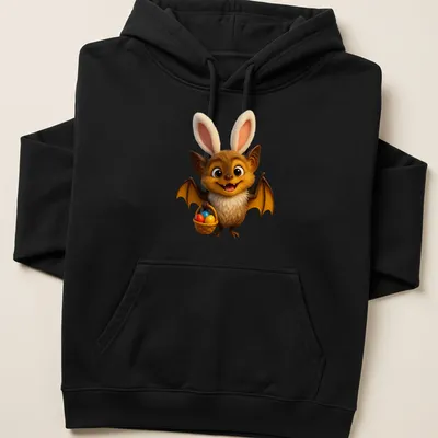 Cartoon bat holding a basket of colorful Easter eggs — printed on a unisex hoodie