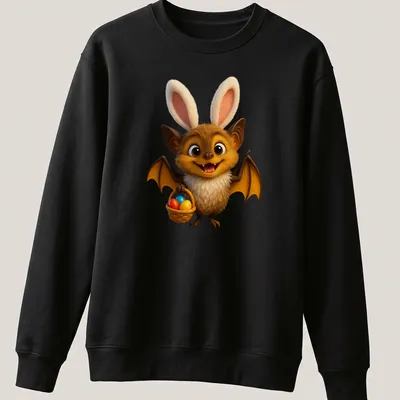 Cartoon bat holding a basket of colorful Easter eggs — printed on a unisex sweatshirt