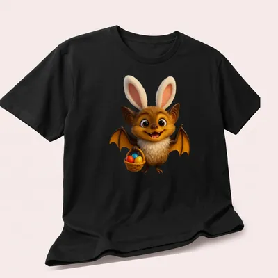 Cartoon bat holding a basket of colorful Easter eggs — printed on a unisex t-shirt (angled view)