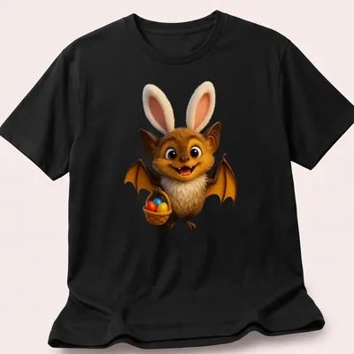 Cartoon bat holding a basket of colorful Easter eggs