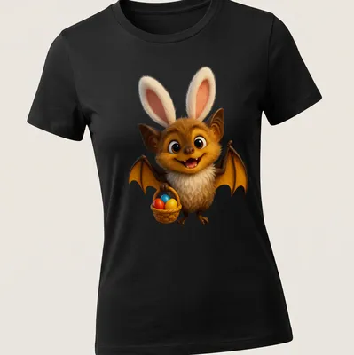 Cartoon bat holding a basket of colorful Easter eggs — printed on a women's shirt
