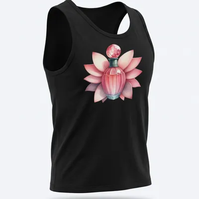 Realistic illustration of an elegant perfume bottle with petals in pink, green, white, and red — printed on a tank top