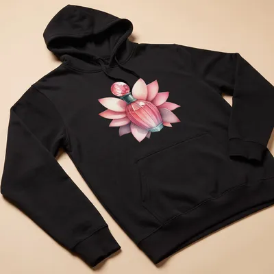 Realistic illustration of an elegant perfume bottle with petals in pink, green, white, and red — printed on a unisex hoodie