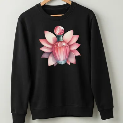 Realistic illustration of an elegant perfume bottle with petals in pink, green, white, and red — printed on a unisex sweatshirt