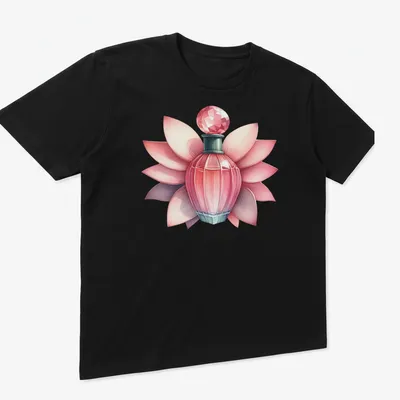Realistic illustration of an elegant perfume bottle with petals in pink, green, white, and red — printed on a unisex t-shirt (angled view)