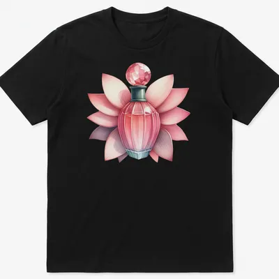 Realistic illustration of an elegant perfume bottle with petals in pink, green, white, and red
