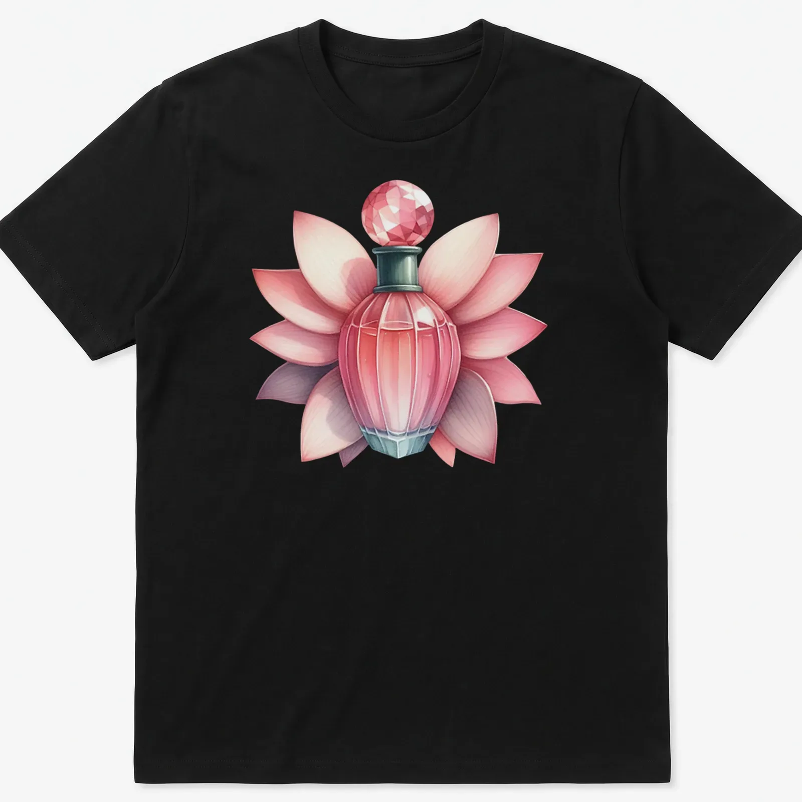 Realistic illustration of an elegant perfume bottle with petals in pink, green, white, and red — printed on a unisex t-shirt