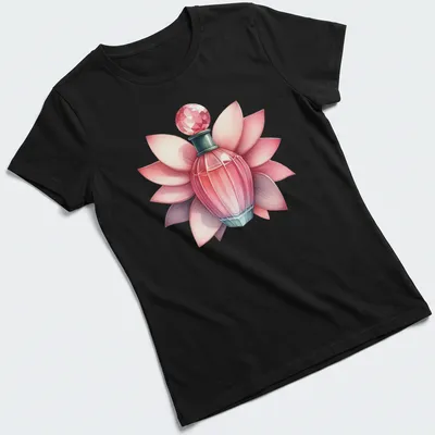 Realistic illustration of an elegant perfume bottle with petals in pink, green, white, and red — printed on a women's shirt