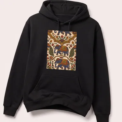 Doodle illustration of an elephant with colorful text for Incredible India Culture Festival — printed on a unisex hoodie