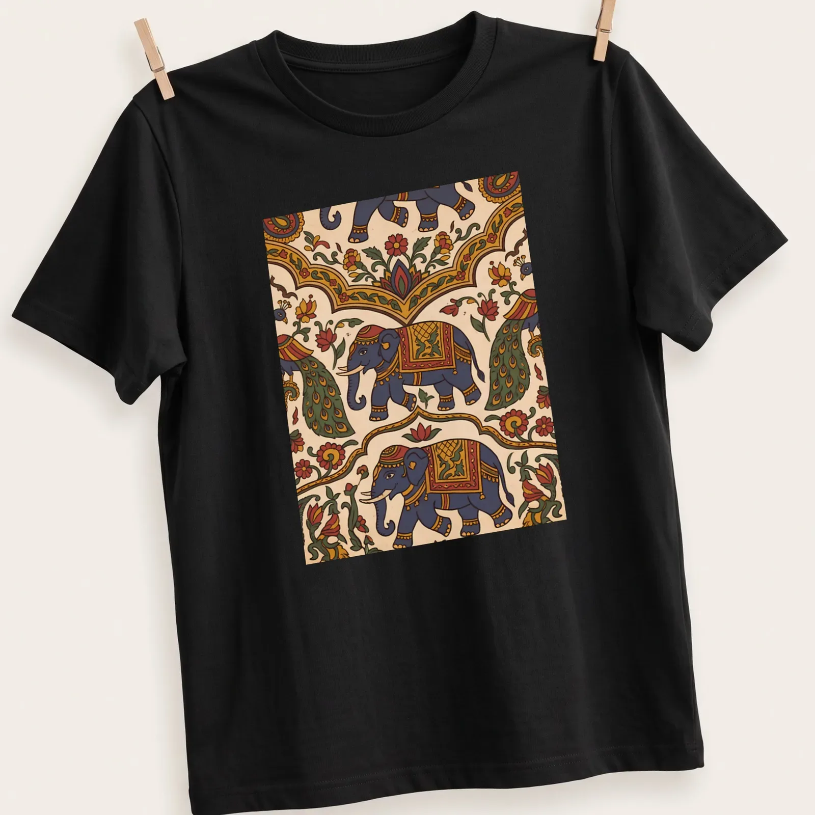 Doodle illustration of an elephant with colorful text for Incredible India Culture Festival — printed on a unisex t-shirt