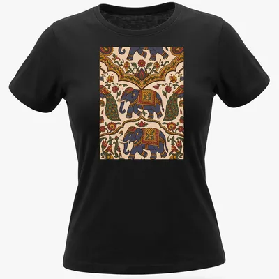 Doodle illustration of an elephant with colorful text for Incredible India Culture Festival — printed on a women's shirt