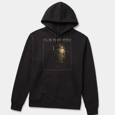 Fantasy illustration of an elf archer with text 'I'll Be In My Office' in gold and green — printed on a unisex hoodie