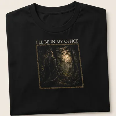 Fantasy illustration of an elf archer with text 'I'll Be In My Office' in gold and green