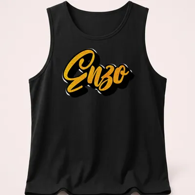 Bold script Enzo name t-shirt in gold and black typography — printed on a tank top