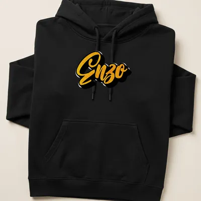 Bold script Enzo name t-shirt in gold and black typography — printed on a unisex hoodie