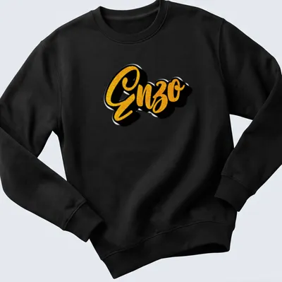 Bold script Enzo name t-shirt in gold and black typography — printed on a unisex sweatshirt