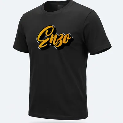 Bold script Enzo name t-shirt in gold and black typography