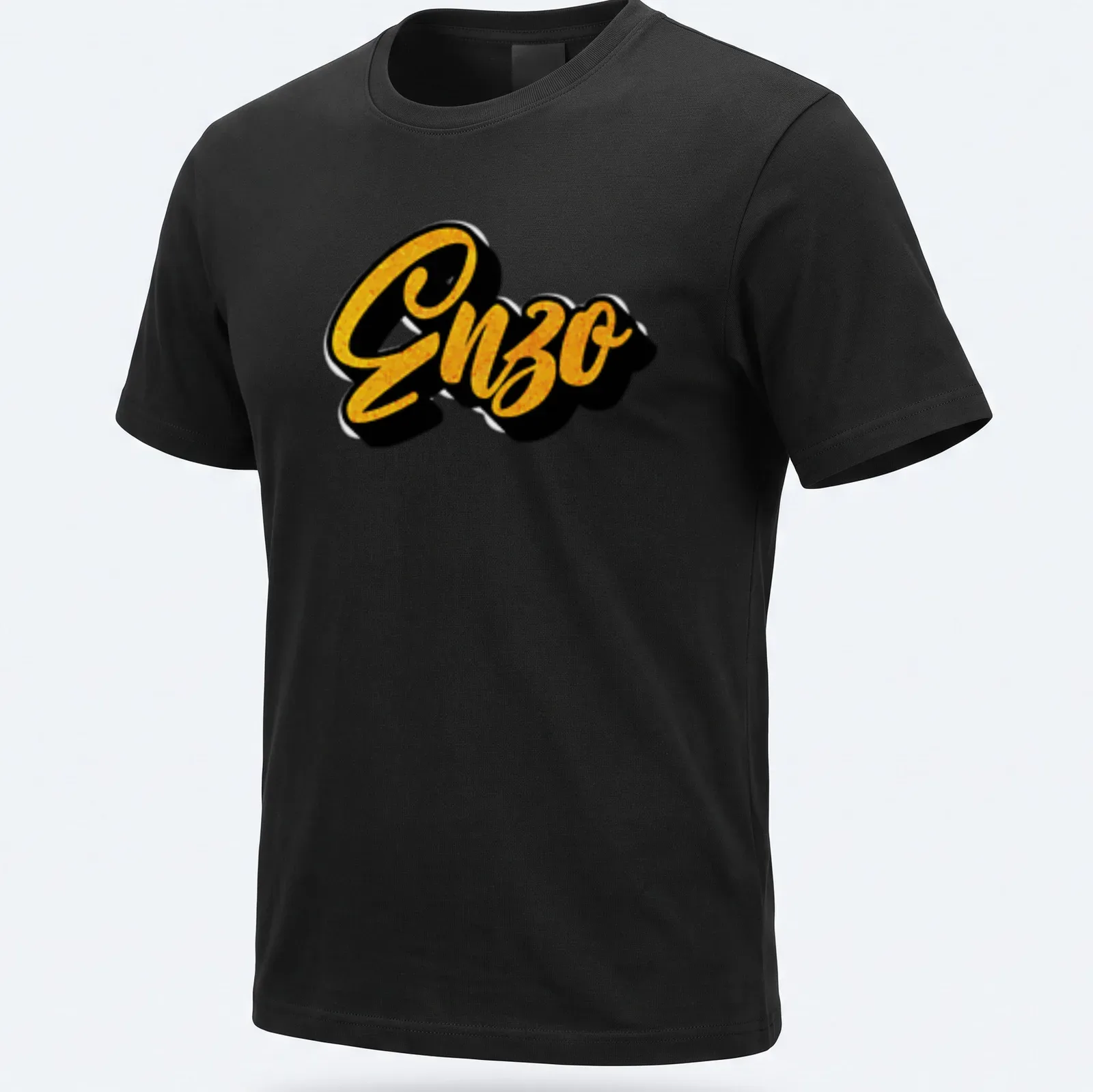 Bold script Enzo name t-shirt in gold and black typography — printed on a unisex t-shirt