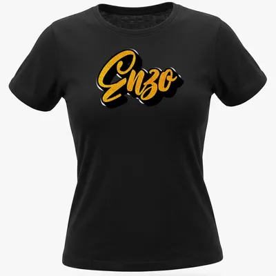 Bold script Enzo name t-shirt in gold and black typography — printed on a women's shirt