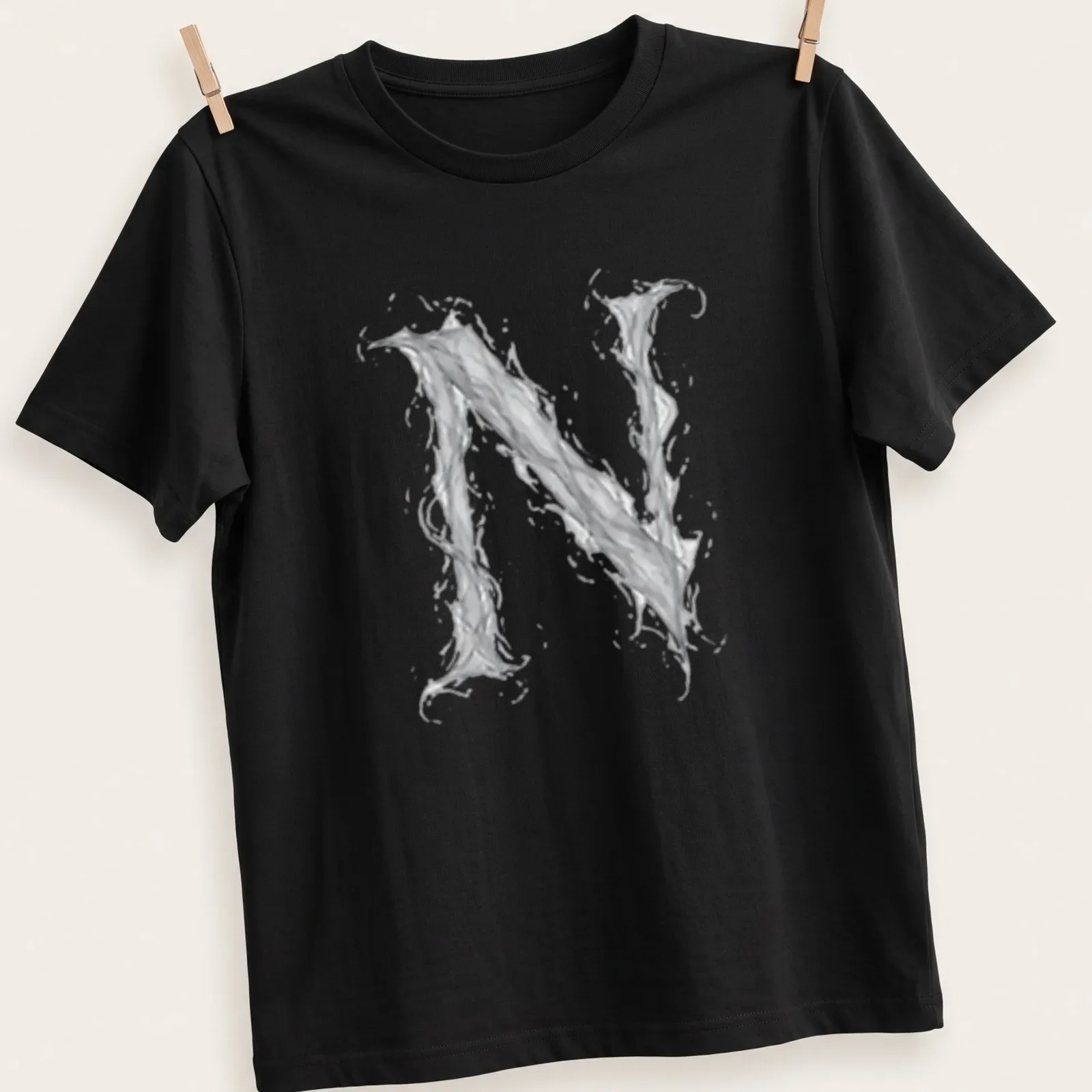 Ethereal vapor design featuring the letter N in gray and white. — printed on a unisex t-shirt