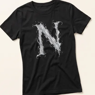 Ethereal vapor design featuring the letter N in gray and white. — printed on a women's shirt