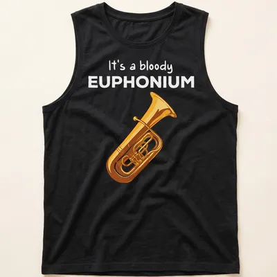 Cartoon euphonium t-shirt featuring humorous text in gold and yellow on black — printed on a tank top