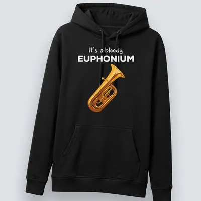Cartoon euphonium t-shirt featuring humorous text in gold and yellow on black — printed on a unisex hoodie