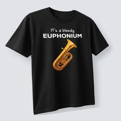 Cartoon euphonium t-shirt featuring humorous text in gold and yellow on black — printed on a unisex t-shirt (angled view)