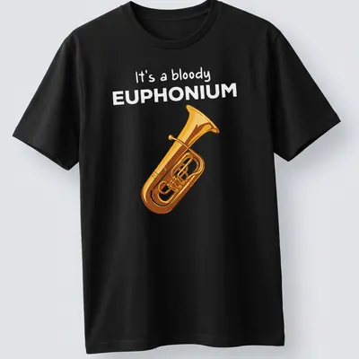 Cartoon euphonium t-shirt featuring humorous text in gold and yellow on black