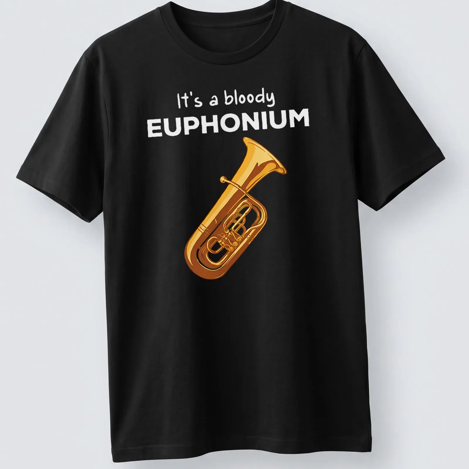 Cartoon euphonium t-shirt featuring humorous text in gold and yellow on black — printed on a unisex t-shirt