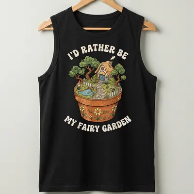 Colorful illustration of a fairy garden with the text I'd Rather Be My Fairy Garden — printed on a tank top