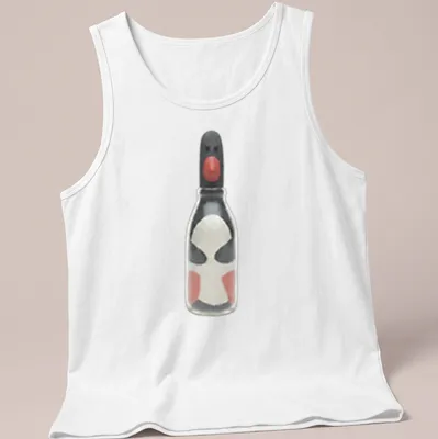 Minimalist print of Feathers McGraw character inside a bottle in black, white, red, and gray — printed on a tank top