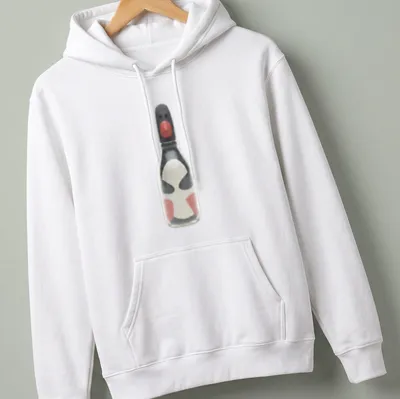 Minimalist print of Feathers McGraw character inside a bottle in black, white, red, and gray — printed on a unisex hoodie