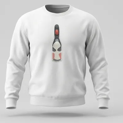 Minimalist print of Feathers McGraw character inside a bottle in black, white, red, and gray — printed on a unisex sweatshirt