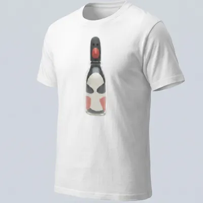 Minimalist print of Feathers McGraw character inside a bottle in black, white, red, and gray