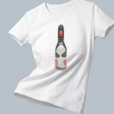 Minimalist print of Feathers McGraw character inside a bottle in black, white, red, and gray — printed on a women's shirt