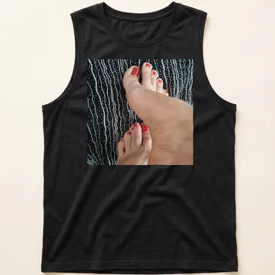 Photographic T-shirt featuring feet with red nail polish on a black background — printed on a tank top