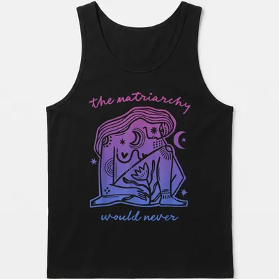 Feminist T-shirt with line-art illustration and text in purple and blue — printed on a tank top