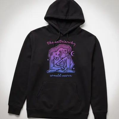 Feminist T-shirt with line-art illustration and text in purple and blue — printed on a unisex hoodie