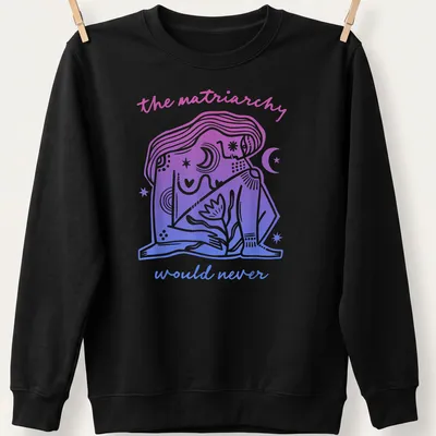 Feminist T-shirt with line-art illustration and text in purple and blue — printed on a unisex sweatshirt