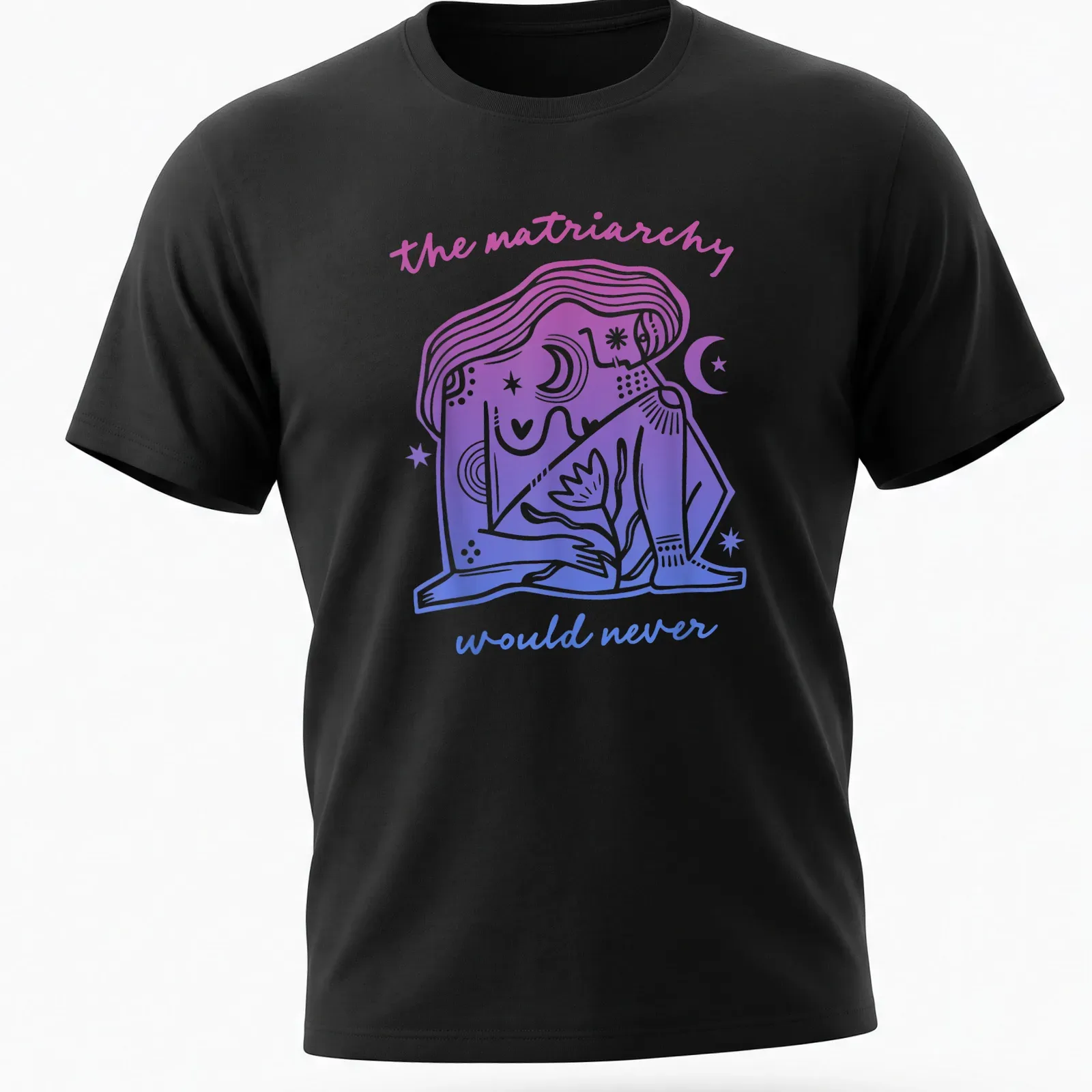 Feminist T-shirt with line-art illustration and text in purple and blue — printed on a unisex t-shirt