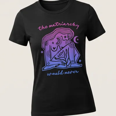 Feminist T-shirt with line-art illustration and text in purple and blue — printed on a women's shirt