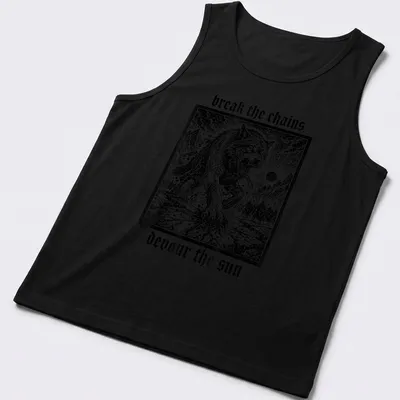 Vintage style Fenrir Wolf graphic with bold text underneath — printed on a tank top