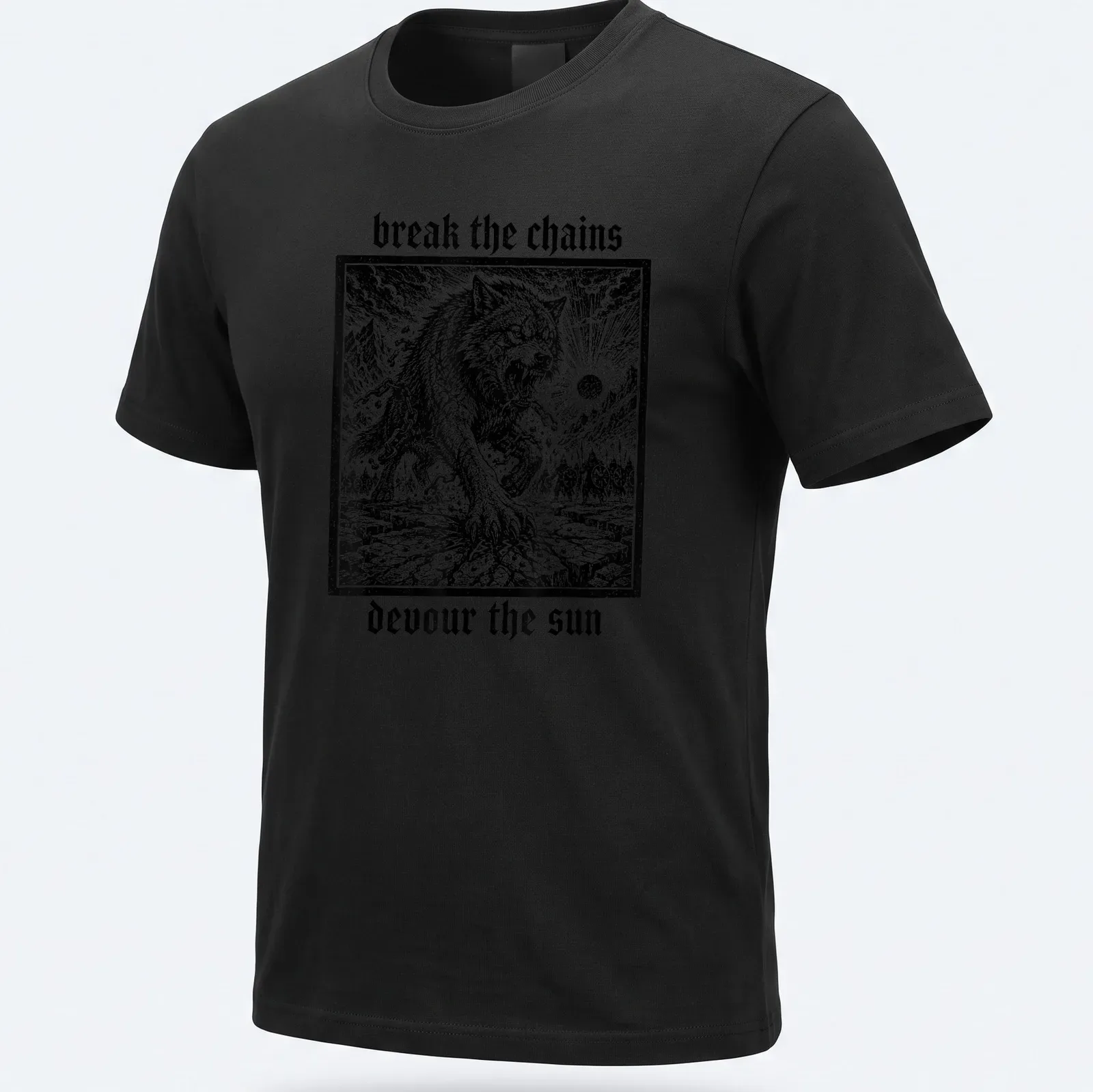 Vintage style Fenrir Wolf graphic with bold text underneath — printed on a unisex t-shirt
