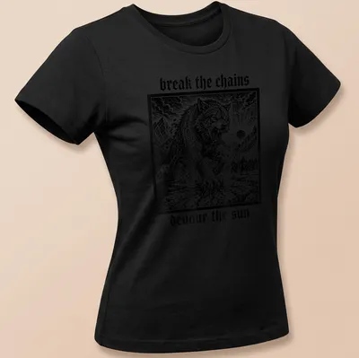 Vintage style Fenrir Wolf graphic with bold text underneath — printed on a women's shirt