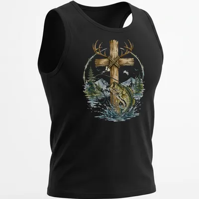 Watercolor print of a bass fish with antlers featuring the word Faith — printed on a tank top