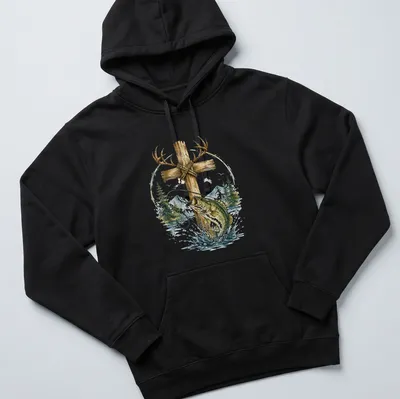 Watercolor print of a bass fish with antlers featuring the word Faith — printed on a unisex hoodie