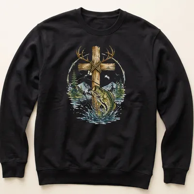 Watercolor print of a bass fish with antlers featuring the word Faith — printed on a unisex sweatshirt