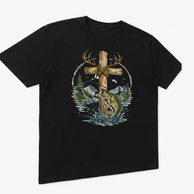 Watercolor print of a bass fish with antlers featuring the word Faith — printed on a unisex t-shirt (angled view)