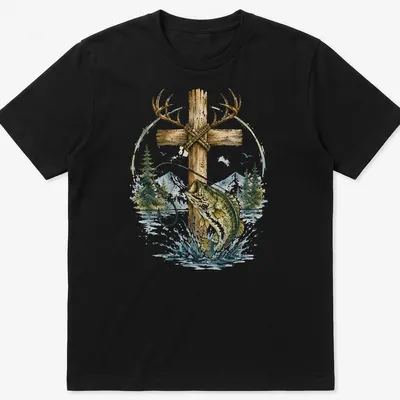 Watercolor print of a bass fish with antlers featuring the word Faith